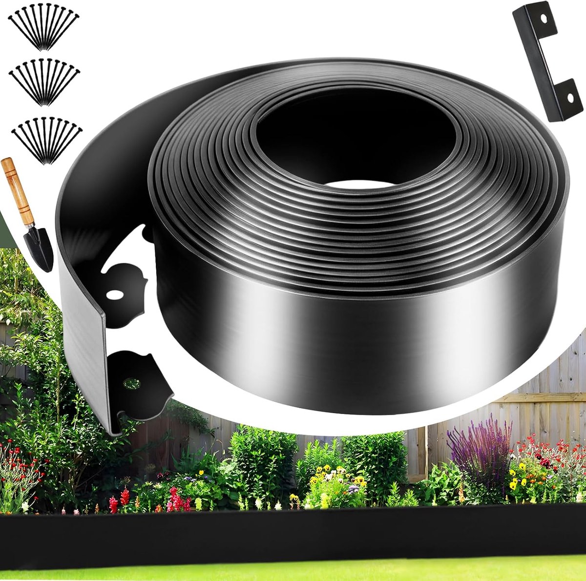 Flexibele kunststof grasrand 10cm x 10m - gerecycled plastic - met 30 grondankers - eenvoudig te plaatsen in tuin - ShopVlot