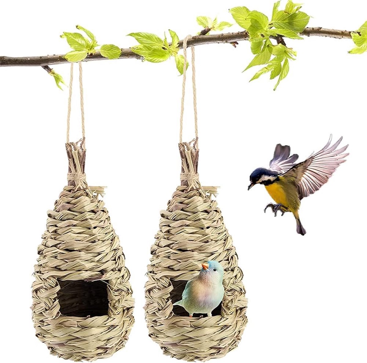 Vogelhuisjes 2st - Handgeweven Rietgras - Ventilerend en Ademend - Ideaal voor Kleine Vogels - ShopVlot
