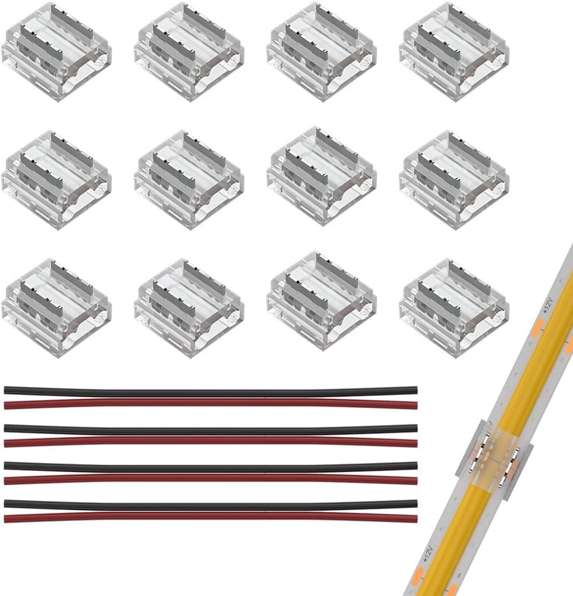 LED Strip Connector Kit 12Pcs 2Pin 8mm - Transparant Solderless - Voor COB LED Strips - Eenvoudige aansluiting - ShopVlot