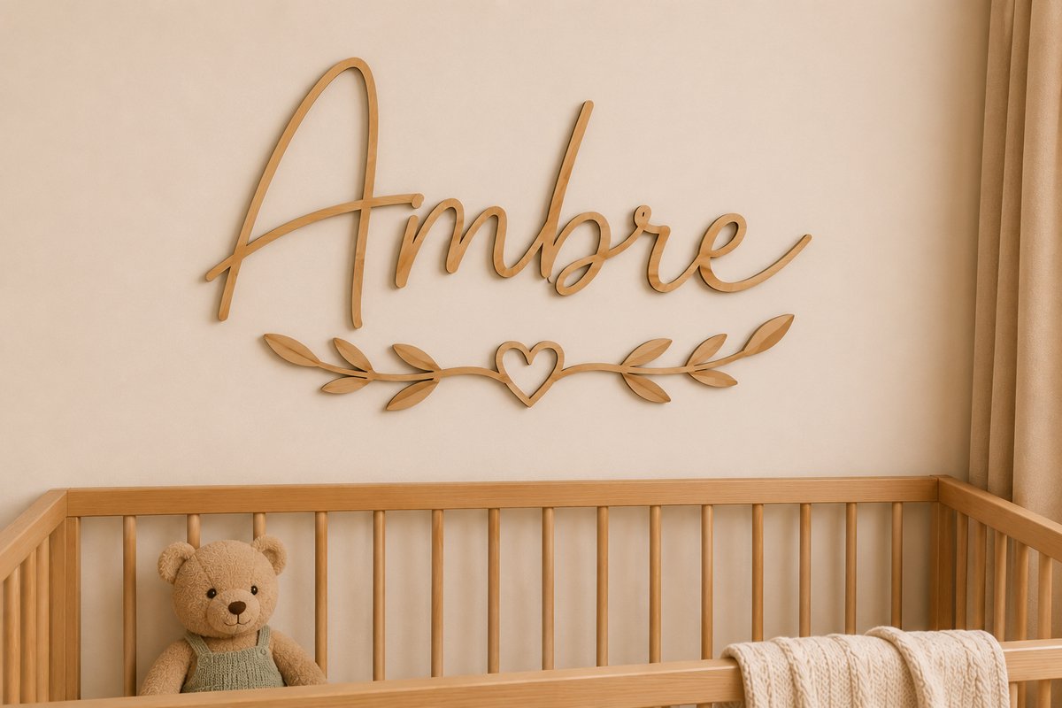 Gepersonaliseerde Houten Naam XXL met Hart & Takjes – Wanddecoratie Kinderkamer – 80 x 30 cm – 5 mm Multiplex/ baby