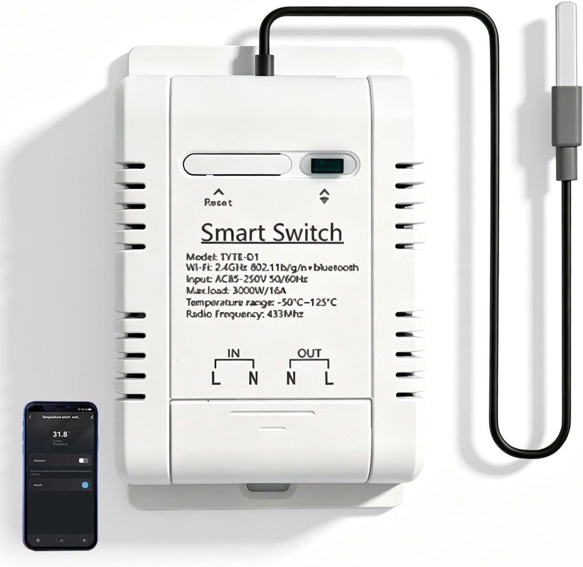 WiFi temperatuurregelaar - wit - 1M-sensor - afstandsbediening via app - voor automatische temperatuurregeling - ShopVlot