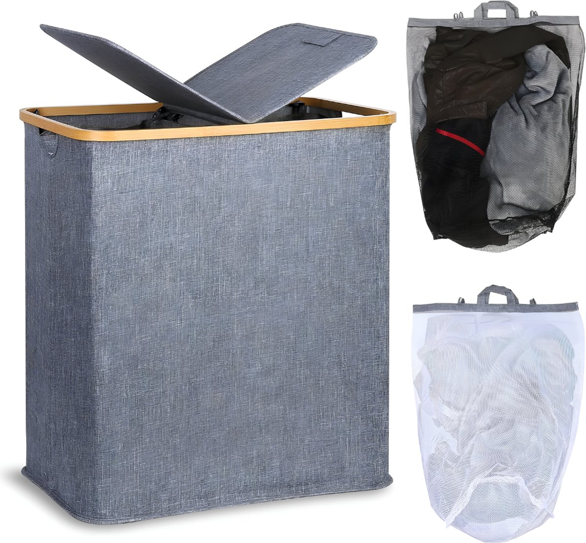Lìon® Wasmand - 140L - Wasmanden - Wasmand 2 Vakken - Grijs - 44cm x 33cm x 4cm