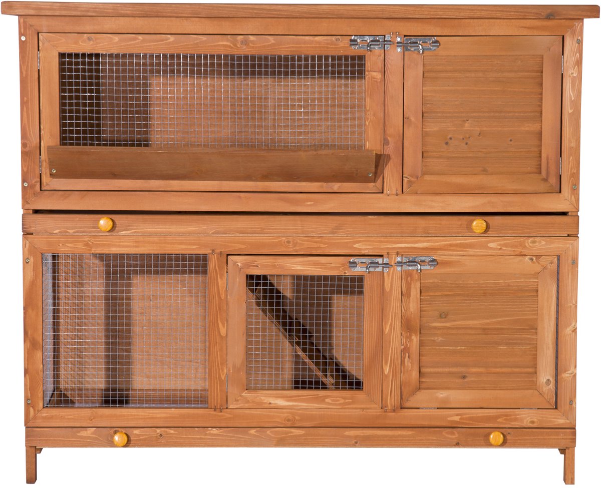Konijnenhok - kippenhok - van grenenhout - groot formaat - met 2 etages - hooirek-zonnedak - 120 l x 48 b x 100 h cm