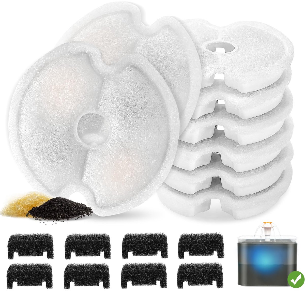 Vervangingsfilters voor waterfonteinen - Waterfonteinfilters - Geschikt voor katten en honden - 16 stuks - Inclusief 8 witte filterpatronen en 8 zwarte sponsjes