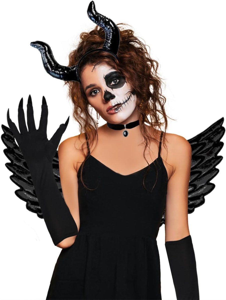 Halloween masker met lange nagels - zwart kostuumaccessoire - set met handschoenen en ketting - perfect voor cosplay - ShopVlot