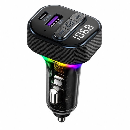 Émetteur FM noir avec motif fibre de carbone, port USB-C PD 30W et éclairage LED coloré.