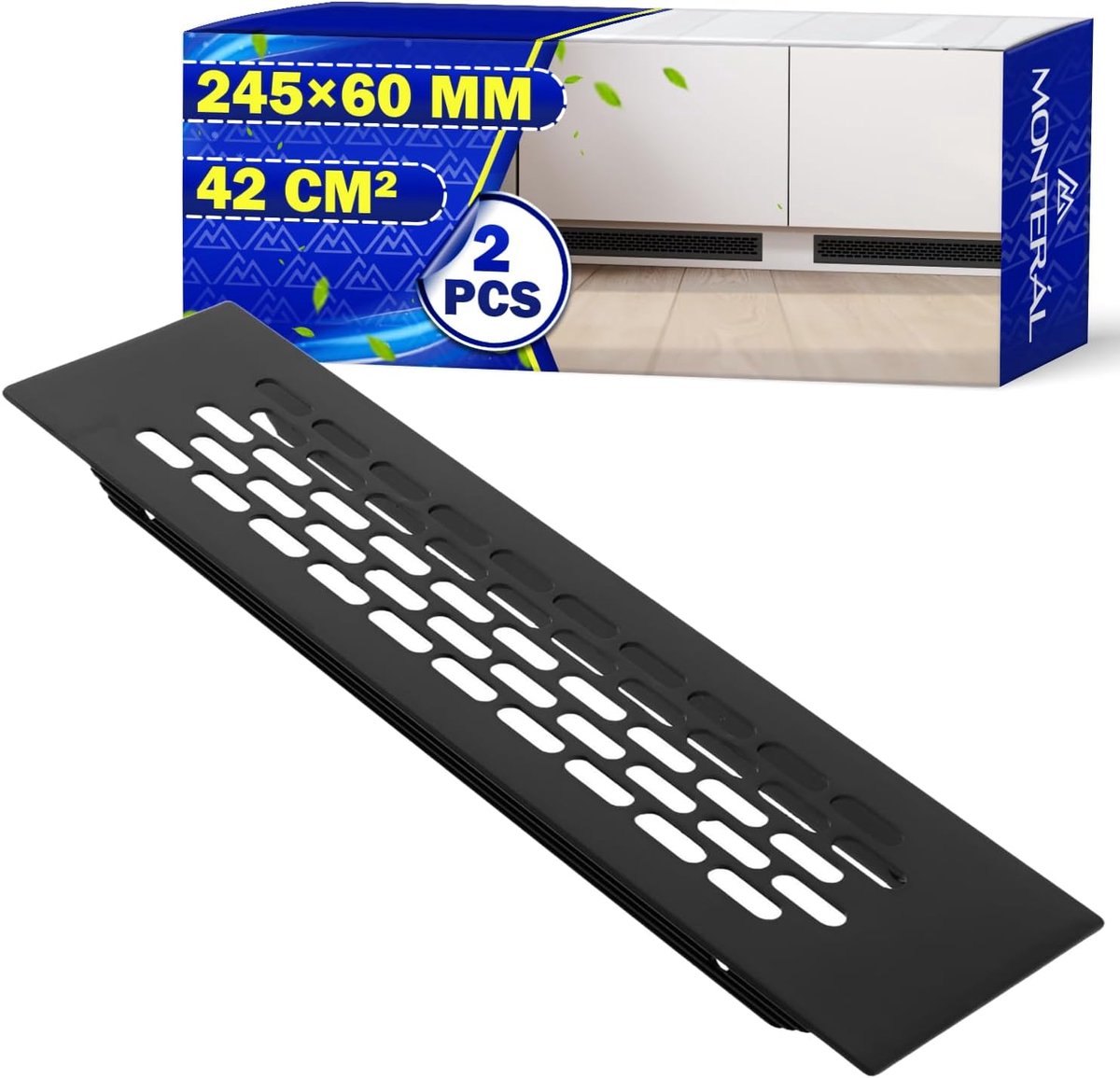 Ventilatieroosters 245 x 60 mm - Aluminium - Zwart - Voor meubels en radiatorafdekking - ShopVlot