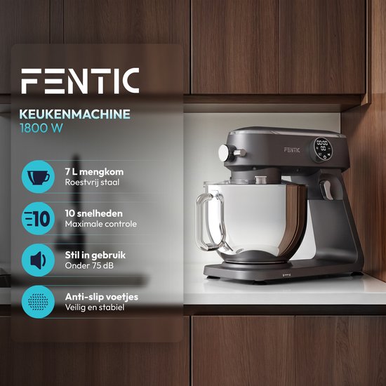 Fentic Keukenmachine 1800W, 7l RVS Mengkom, Keukenrobot met Alunimium Behuizing, Incl. Menghaak, Garde, Deeghaak en Extra Accessoires, Met Timer en 10 Snelheden van Merkloos — afbeelding 2
