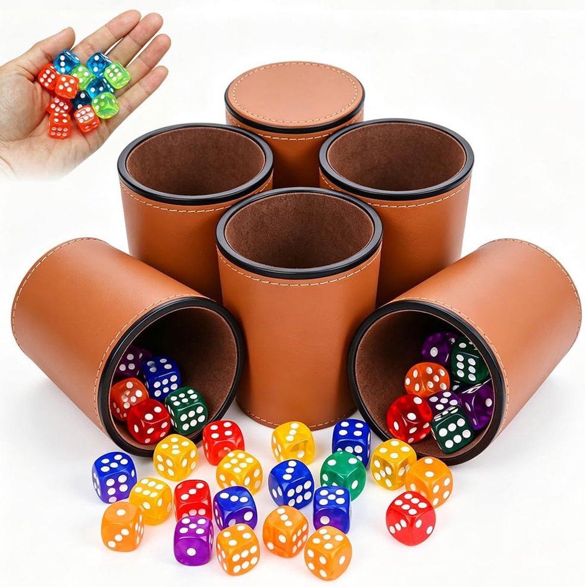 6-delige set dobbelstenen - leren hulzen - 36 kleurrijke acryldobbelstenen - ideaal voor speelavonden - ShopVlot