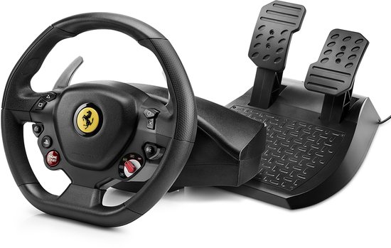 Thrustmaster T80 Ferrari 488 GTB racestuur met pedaalset op een witte achtergrond.
