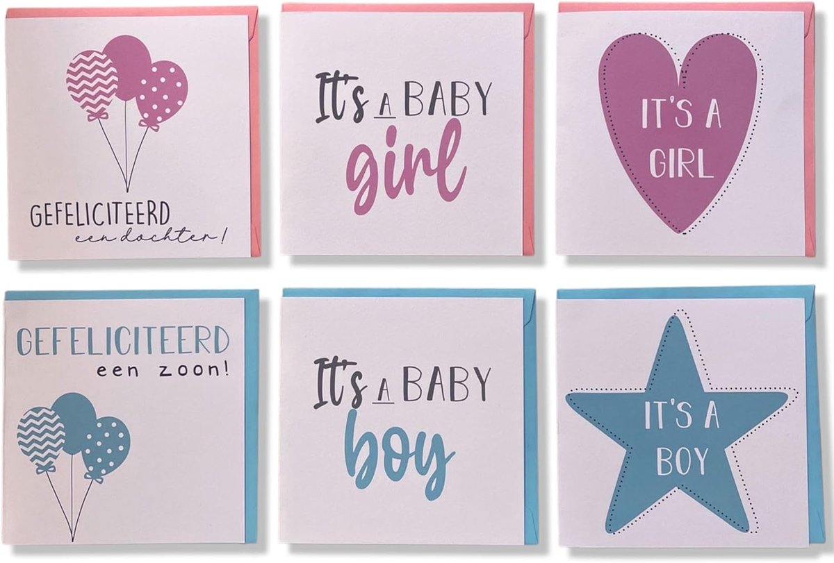 SnelShoppen - 6 Luxe Geboortekaartjes - Geboorte Wenskaarten met Enveloppen voor Meisjes en Jongens - Geboorte Set 2 met 12 Dessins - Perfect voor Nie