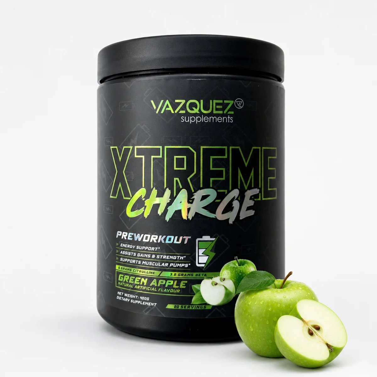 Xtreme Charge - Pre Workout - Green Apple - 20 gram per scoop - 400 gram - Energie - Boost - Uithoudingsvermogen - L Citrulline - Beta Alanine - Xtreme - Extreme - Pre Workout - Voor je workout - Uithoudingsvermogen