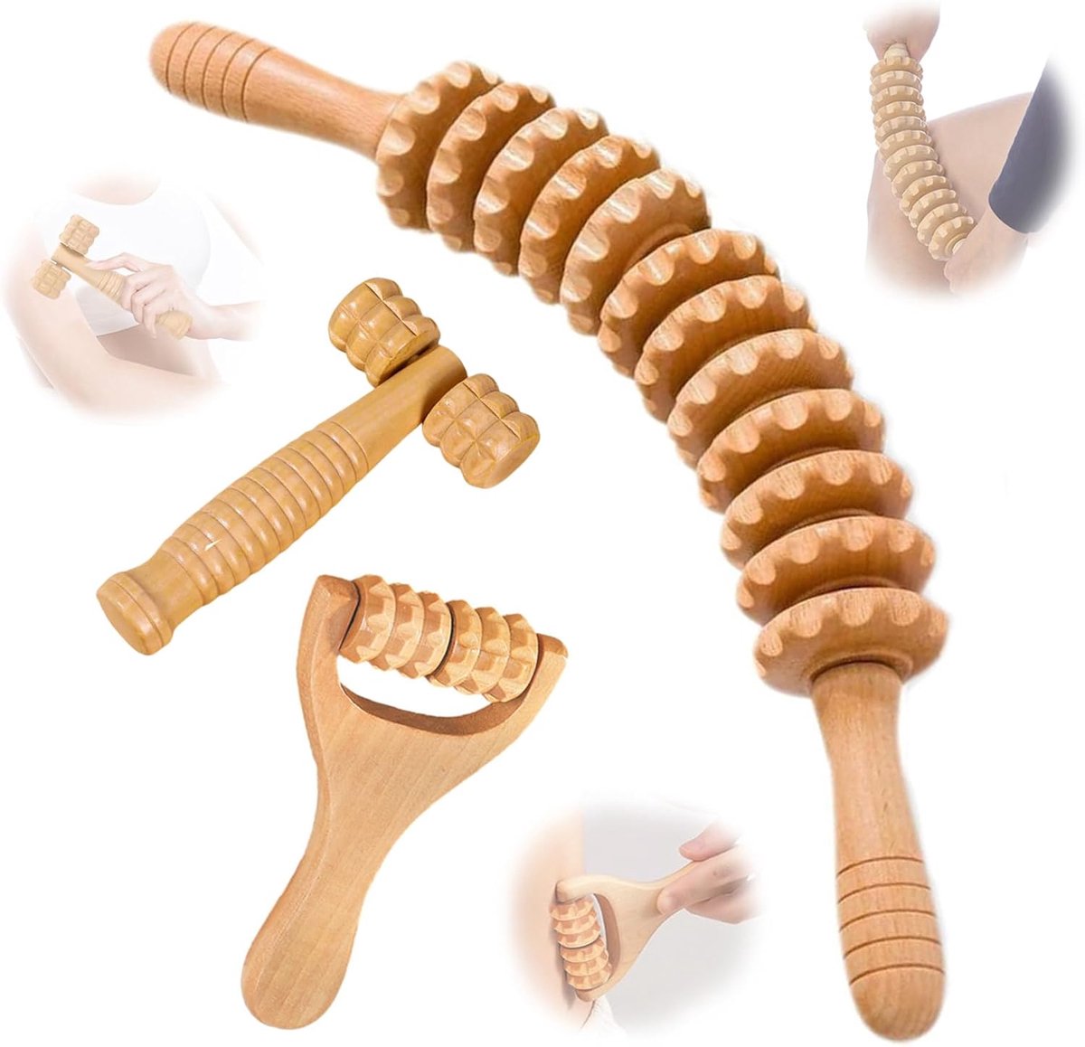 Fasciaroller set van 3 - Houten massagerollen - Voor spierontspanning - Ideaal voor thuis en onderweg - ShopVlot