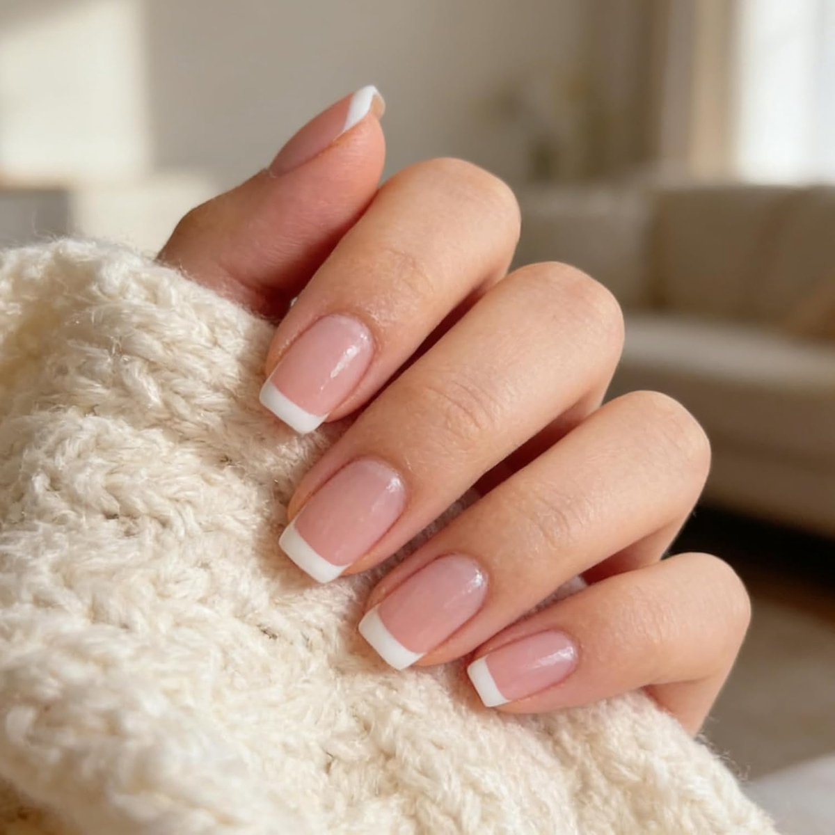Fake nagels French nails press ons kort - 24 tips nude met witte tip - kunstnagels met nagelkleber en feile - ShopVlot