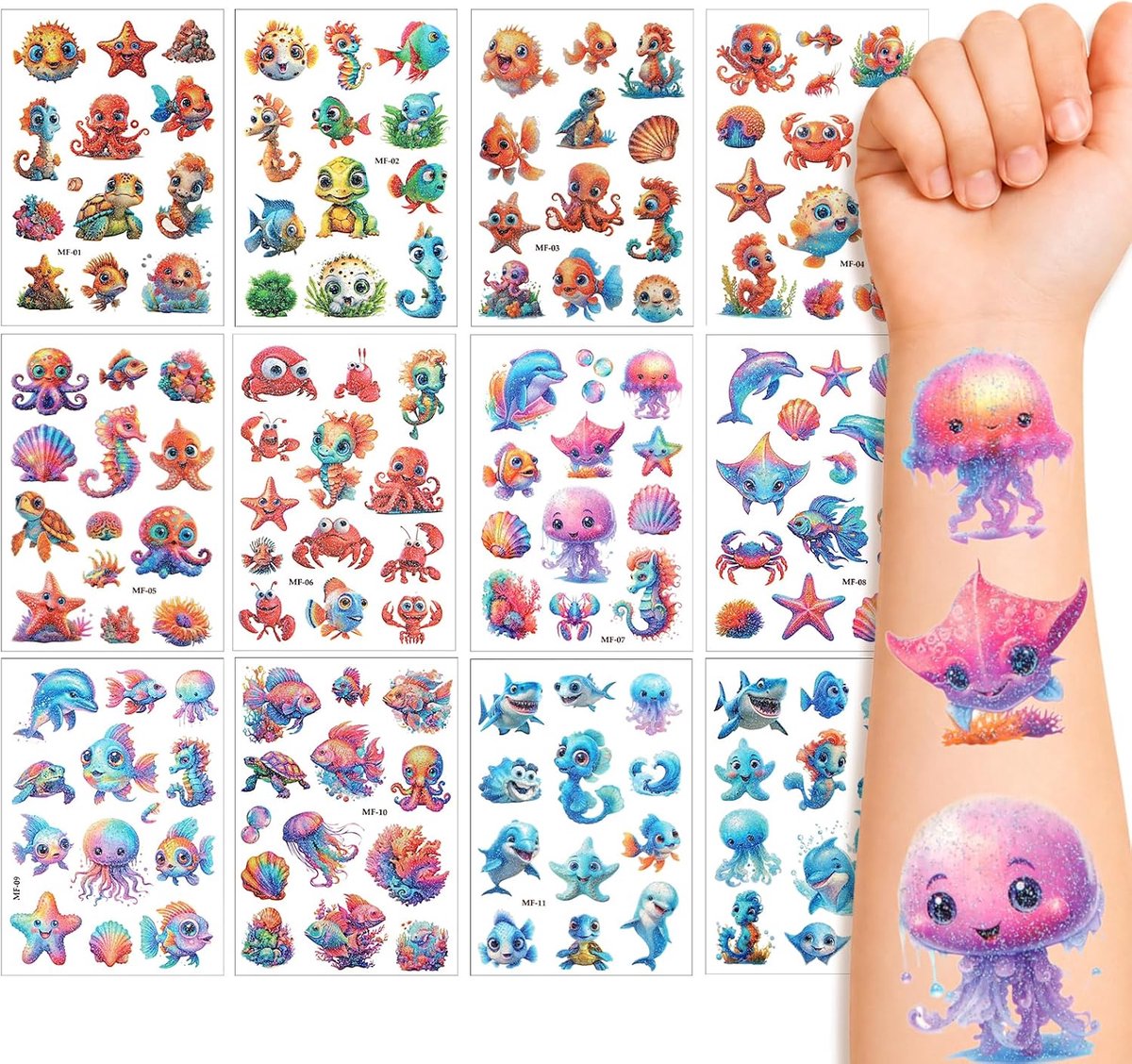 Zeedieren glittertatoeages voor kinderen - 12 vellen - 200+ ontwerpen - veilig en waterdicht - ShopVlot