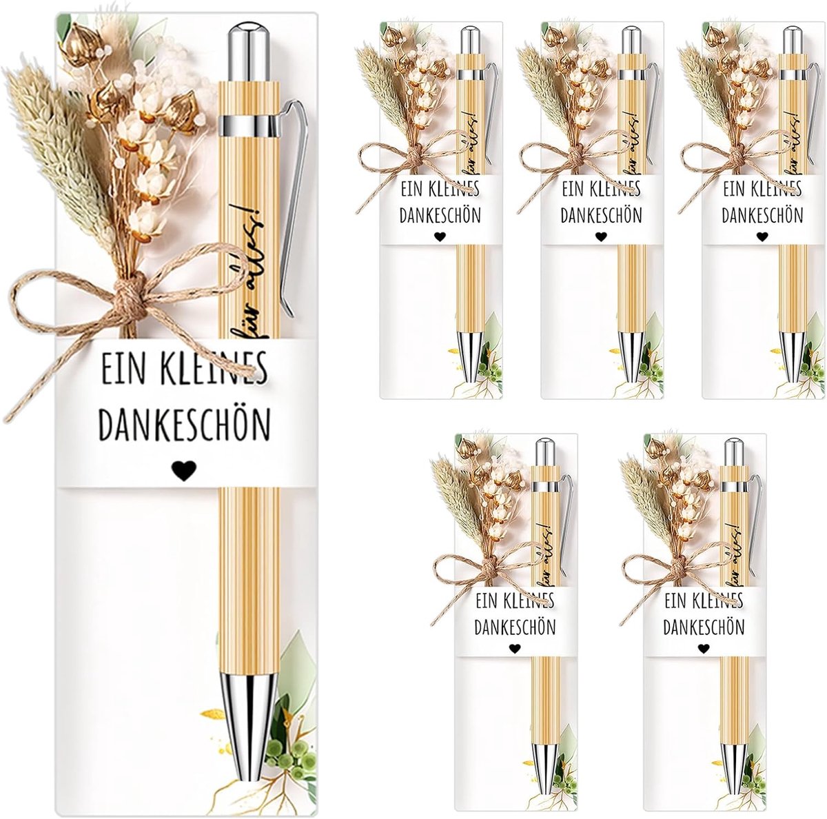 6 balpennen met gedroogde bloem - bedankgeschenkset - inclusief kaarthouders - perfect voor leraren - ShopVlot