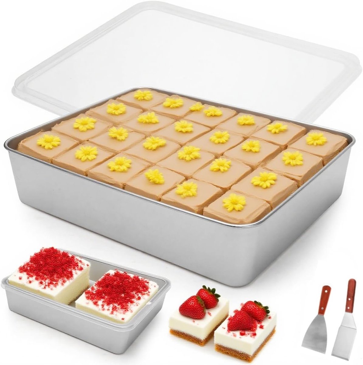 Cakevorm 28,5 x 22,5 cm - RVS met luchtdichte deksel - Inclusief 2 spatel - Voor bakken en bewaren - ShopVlot