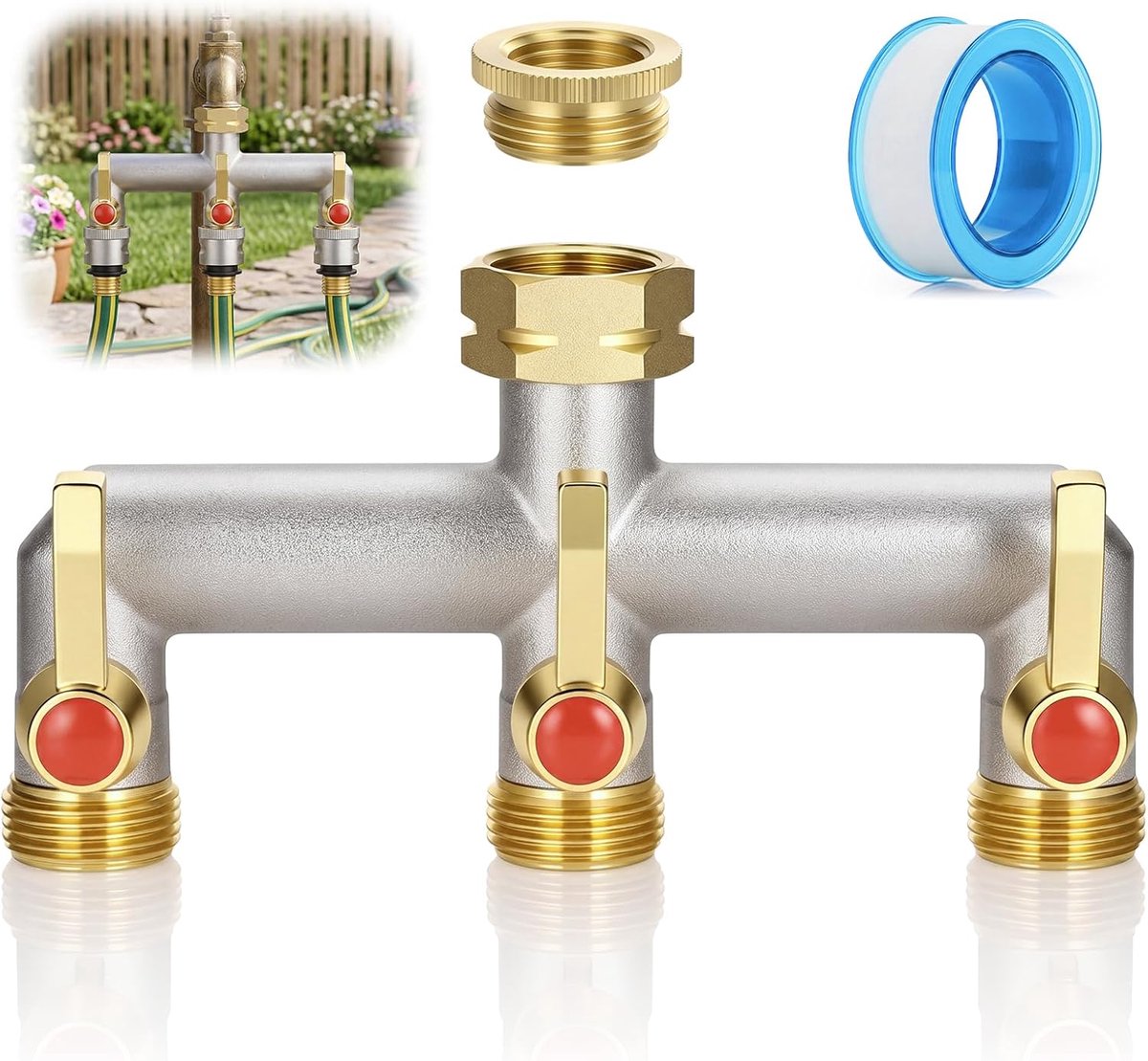 3-wegs waterverdeler 3/4 inch - messing - met verlengde handgreep - hoge waterdoorvoer - ShopVlot