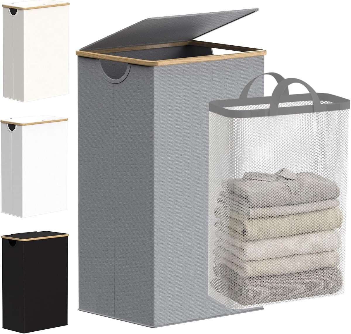Wasmachine mand 120 liter - Vouwbare wasmand met deksel - Bambuhandle en binnenzak - Ideaal voor kleding en speelgoed - ShopVlot