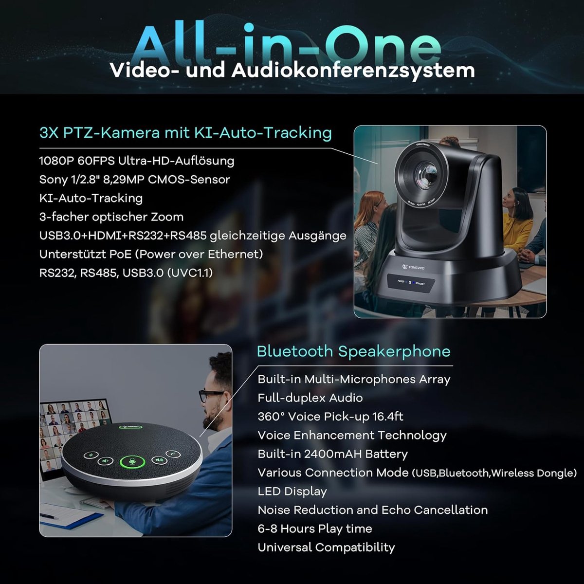 Conferentiecamera 1080P - PTZ met AI-tracking - Voor vergaderingen en presentaties - Gemakkelijk te gebruiken - ShopVlot