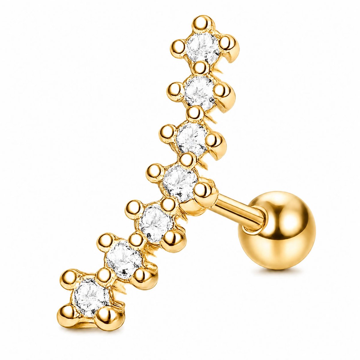 Helix Piercing Goudkleurig 316L Chirurgisch Staal – 7 Kristallen – 1.2 x 6 mm – Kraakbeenpiercing