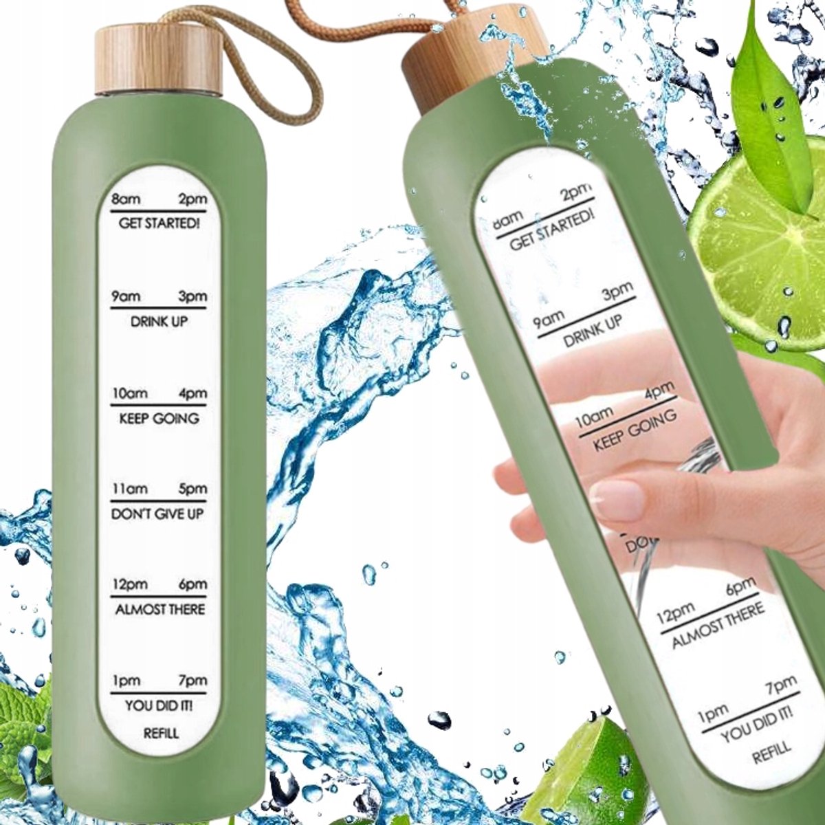 Motiverende Waterfles 1L met Maatstreep - Glas, Bamboe & Siliconen