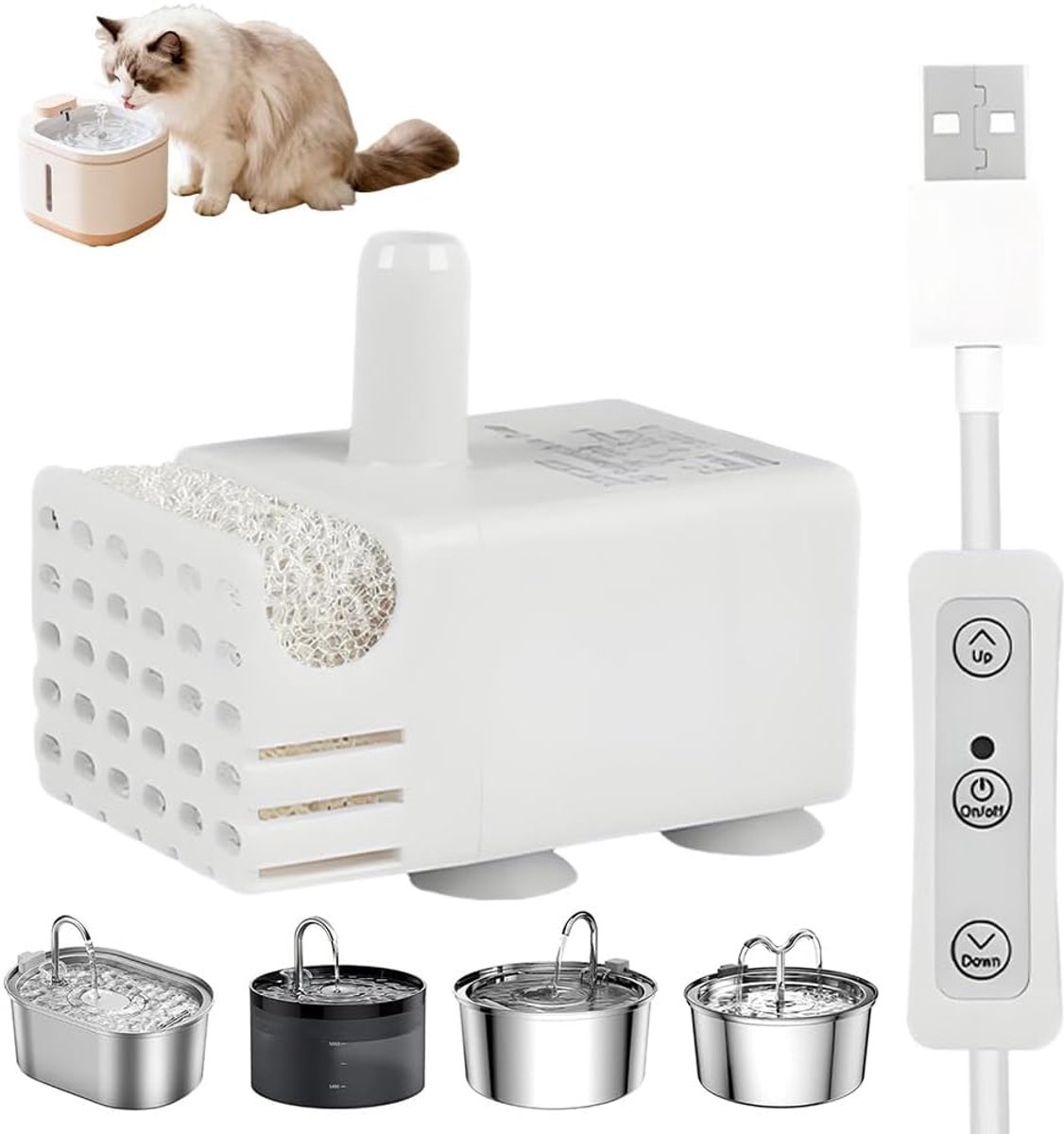 Waterpomp voor katten, 130 l/u - USB-mini-dompelwaterpomp - superstille werking - ideaal voor kattendrinkfontein - ShopVlot
