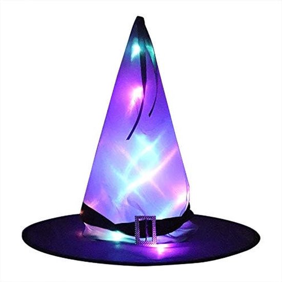 Heksenhoed Halloween - Verkleedhoed Lichtgevend - Feestkostuum Aankleden - Met LED Sterretjes - 38 x 30 x 1 cm - Paars