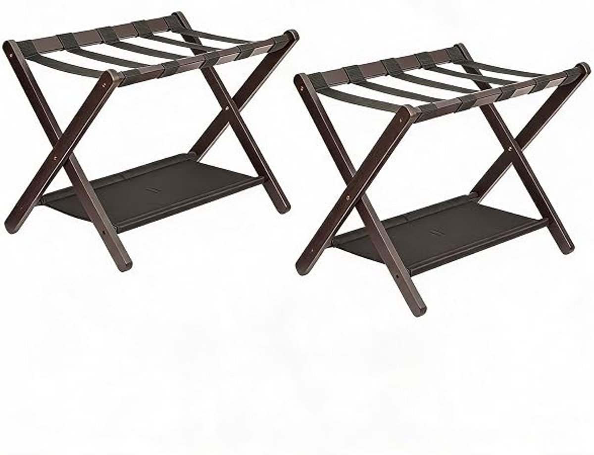 Danky - 2 stuks 67x47x51cm luxe bamboe bagagerek set opvouwbaar twee-laags bruin met verstevigd canvas - hoog belastbaar duurzaam kofferrek voor luxehotel en vakantievilla