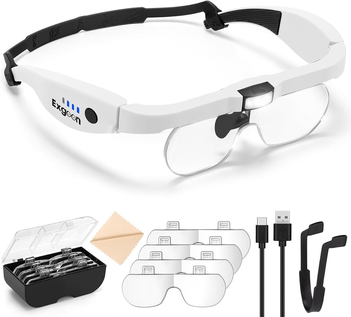 Vergrootglas met licht 1,5X tot 5X - 4 verwisselbare lenzen - handsfree oplaadbare hoofdband - SnelShoppen