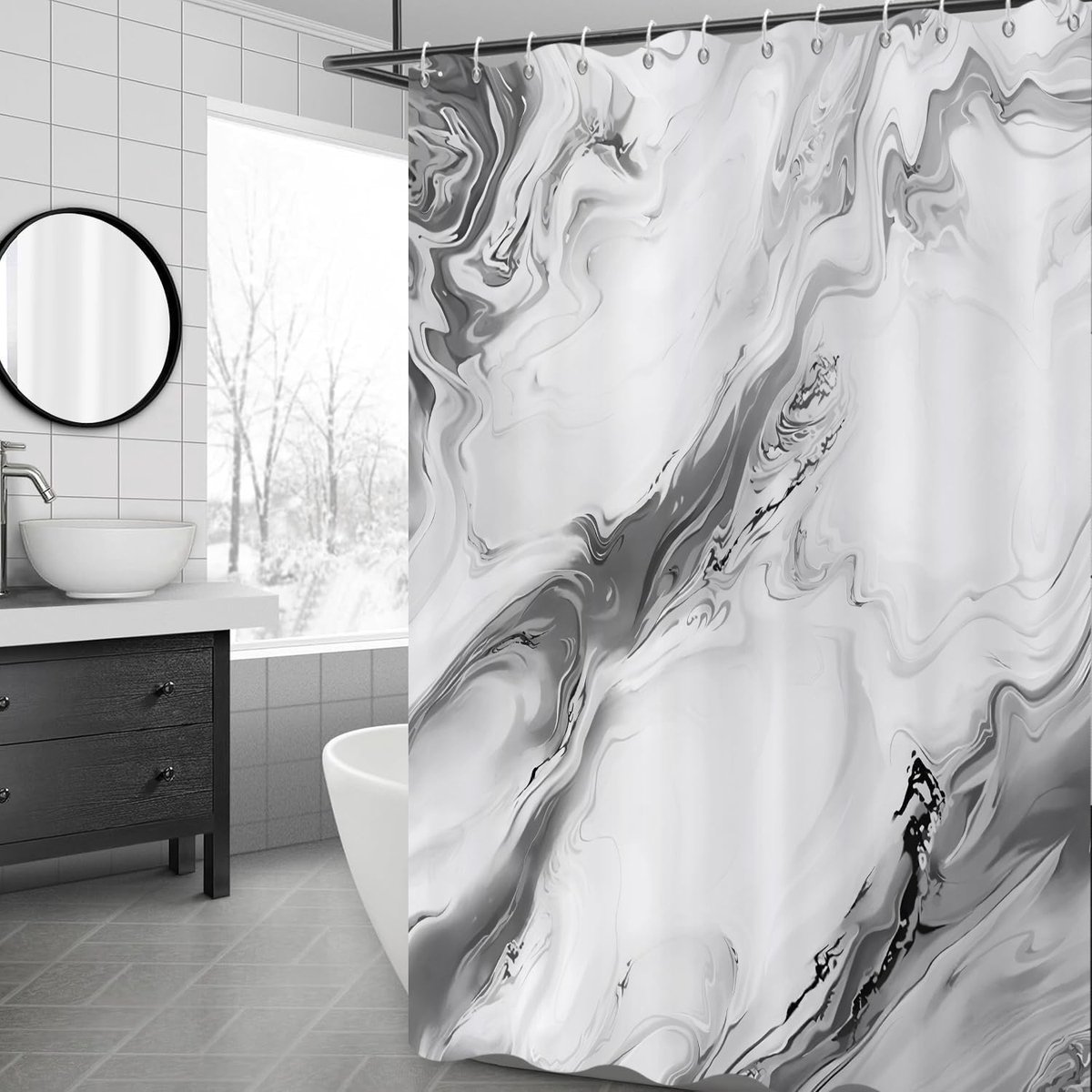 Douchegordijn 180 x 200 cm - Grijs, Modern Abstracte Kunst - Waterverf Marmeren Verloop - SnelShoppen