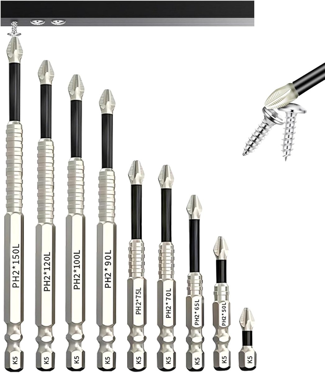 SnelShoppen - 9-delige Schroevendraaier Set met Sterke Magnetische K5 Philips Bits - S2 Legering, Slijtvast en Impactbestendig, Geschikt voor Accu Sch