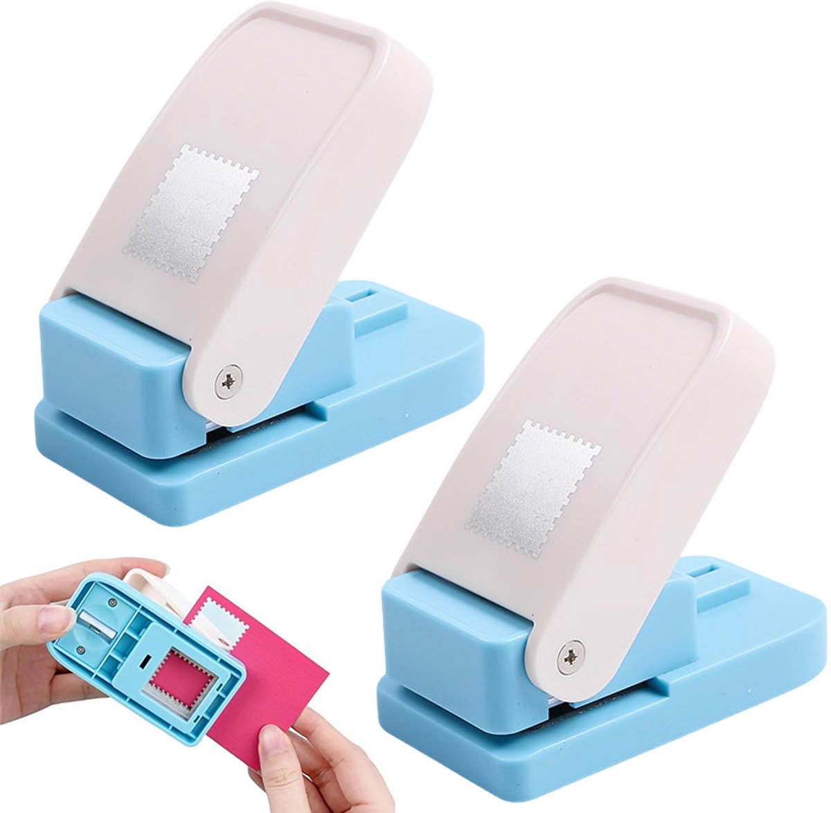 2-stuks Stempelvormige perforator - Zegelvormige perforator - Vierkante perforator - Papierperforator - Perforator - Rechthoekige stempel - 9,2*5*3,5 cm - Geschikt voor papierknutselwerk, scrapbooking, stempels maken, enz. - Blauw, wit