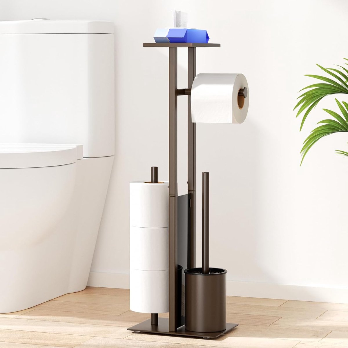 Toiletpapierhouder met toiletborstel - RVS en zwart mat glas - Inclusief opbergplank - SnelShoppen