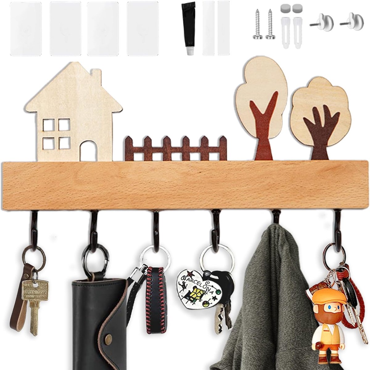 Houten wand sleutelhouder met 6 stevige haken - zwart - elegante uitstraling - ideaal voor entree - ShopVlot