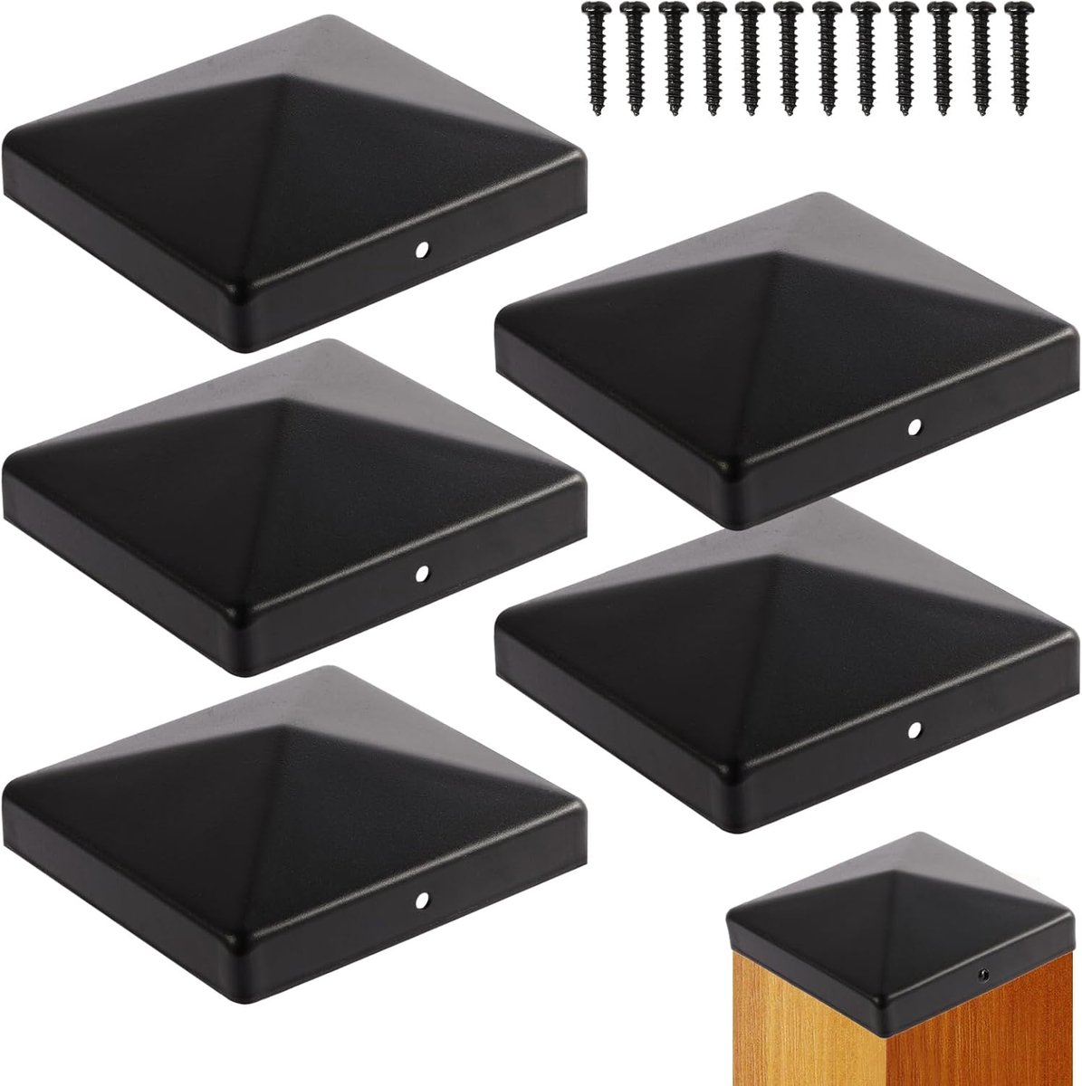 Paalpunten 7 × 7 cm - Zwart gepoedercoated staal - Piramidevorm - Bescherming voor houten palen - ShopVlot