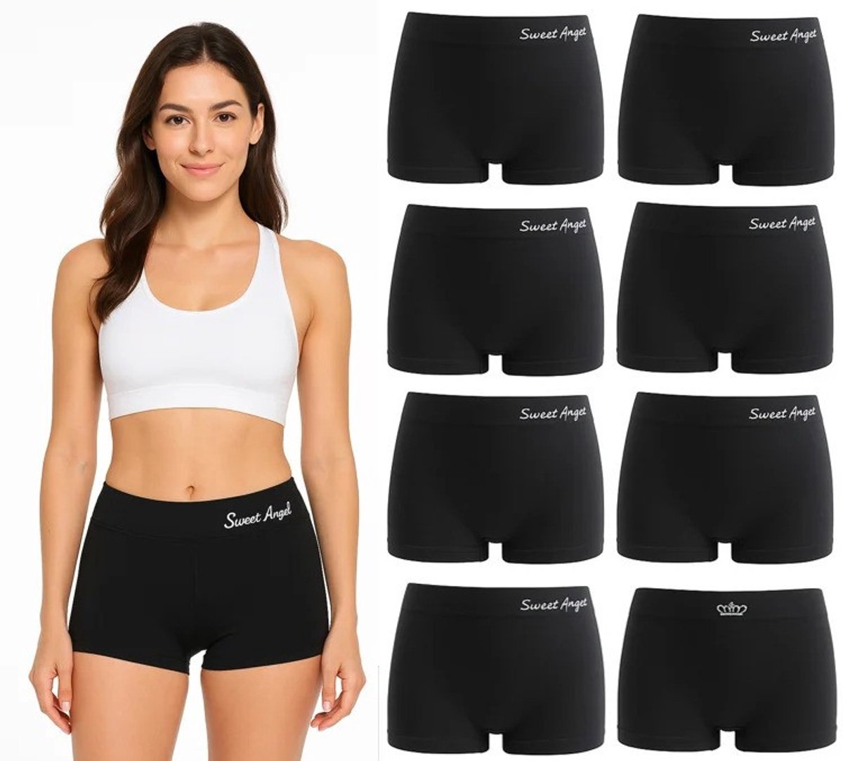 Sweet Angel dames boxershort kroontje 8 pak of kleur - Zwart - One Size