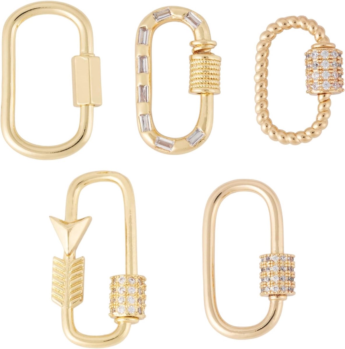 5 Stuks 5 Stijlen Messing Micro Pave Clear Zirconia Schroef Karabijnhaak Lock Charms Gouden Mini Ovale Sluiting - ShopVlot