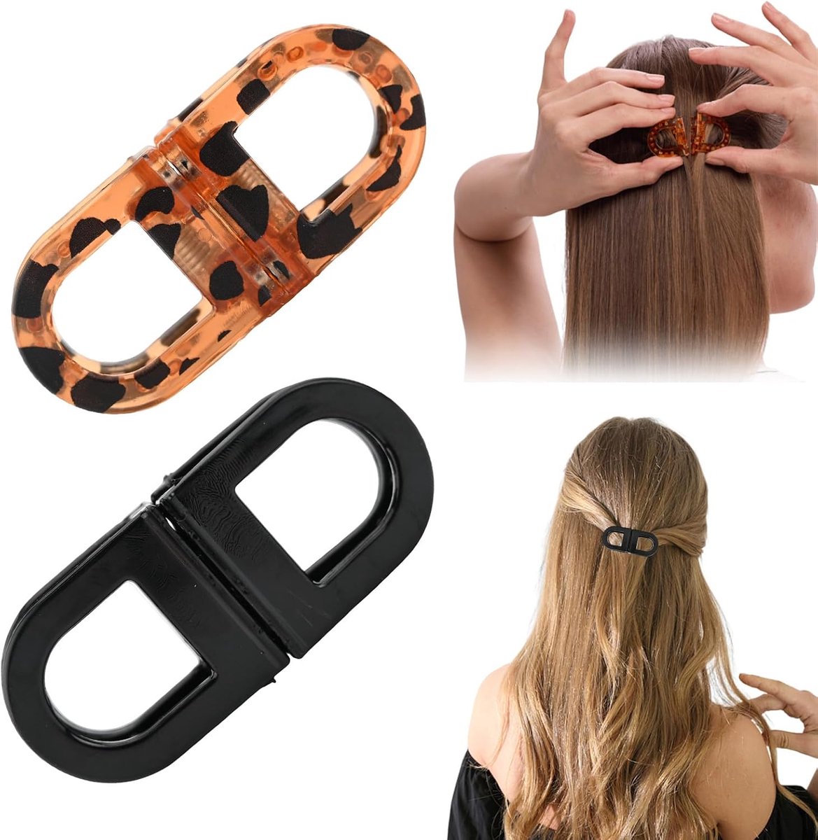 Haarspelden met sterke grip - zwart + luipaardpatroon - magnetische sluiting - ideaal voor snelle dagelijkse kapsels - ShopVlot