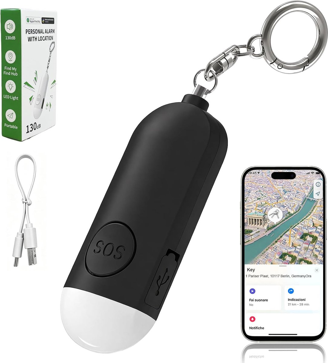 Zakalarm 130 dB - Sleutelzoeker met ledlicht - Oplaadbaar paniekalarm - Veiligheid voor kinderen en vrouwen - ShopVlot