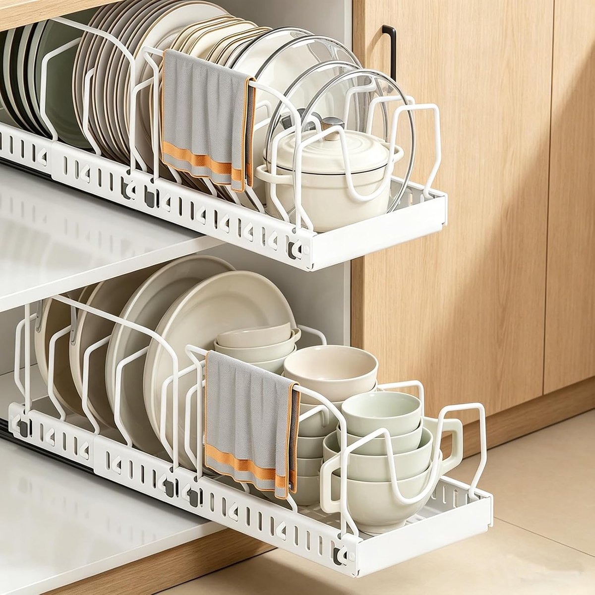 Pot en deksel organizer met ladderrek - 2 stuks - wit - verstelbare scheidingen - ruimtebesparend - ShopVlot