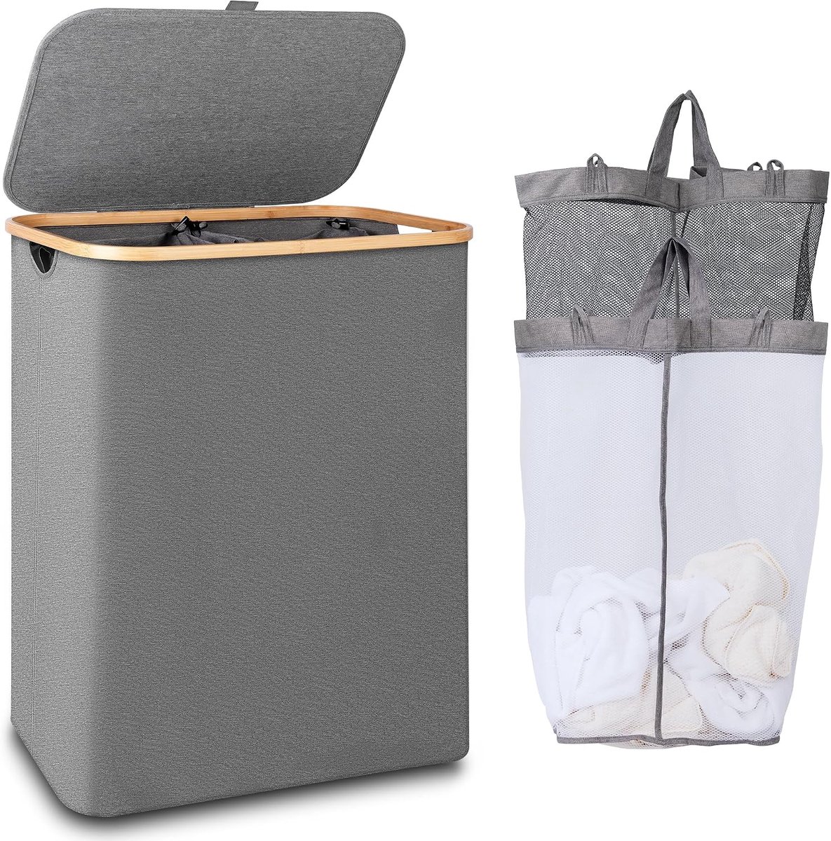 Wasmand 2 Compartimenten - 150 Liter - Grijs - Met Deksel en Handvat - Ideaal voor de Woonkamer - ShopVlot