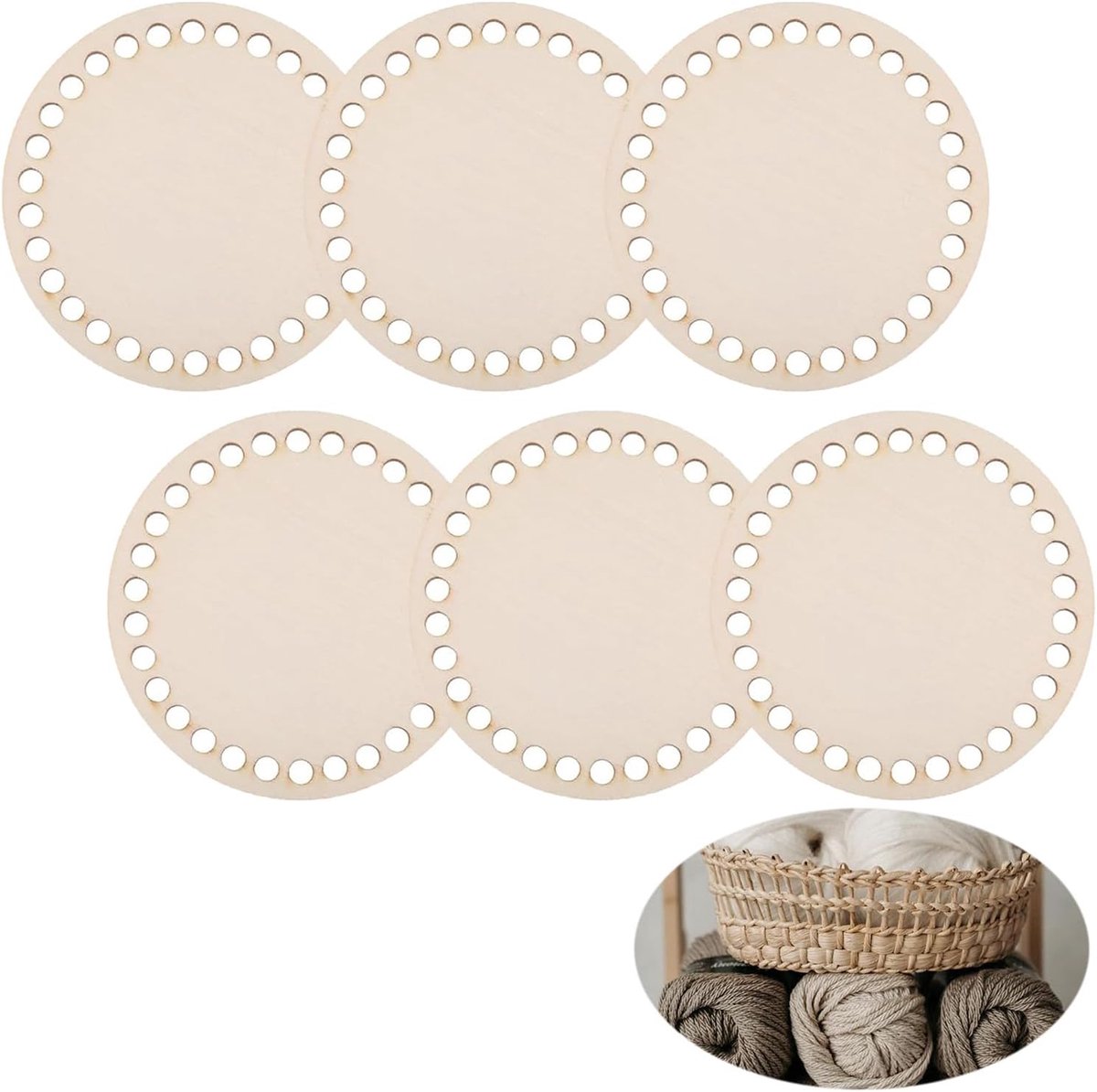 Houten bases voor haakmanden - set van 6 - natuurlijk hout - ideaal voor DIY-projecten - ShopVlot