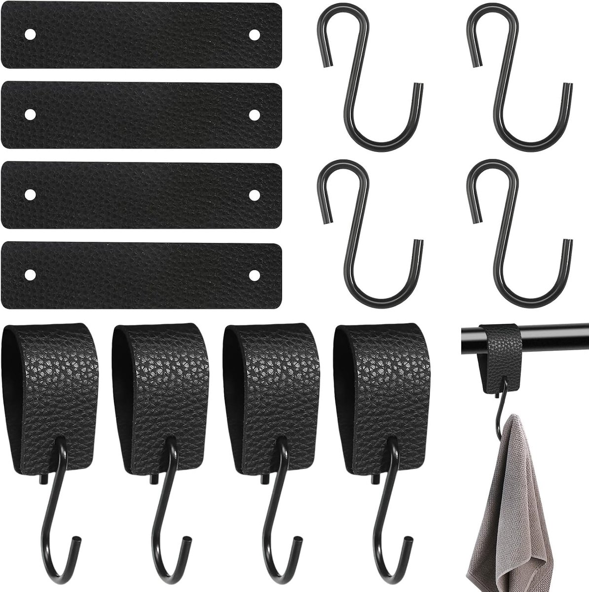 S haken 8 stuks - zwart met leren lus - voor ophangen - ruimtebesparend - ShopVlot