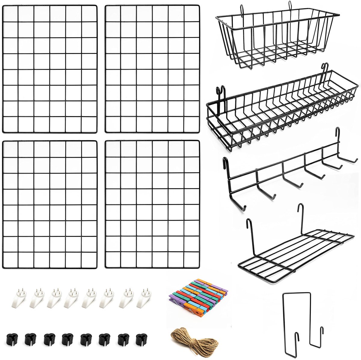 Set van 4 Wandrekken met Accessoires - Inclusief Mandjes, Brievenhouder, Wandrek en Hakenrek - Industriële Fotoplank en Memobord voor Foto's, Post, Notities en Accessoires - Multifunctionele Wandorganizer voor Studentenkamer, Keuken