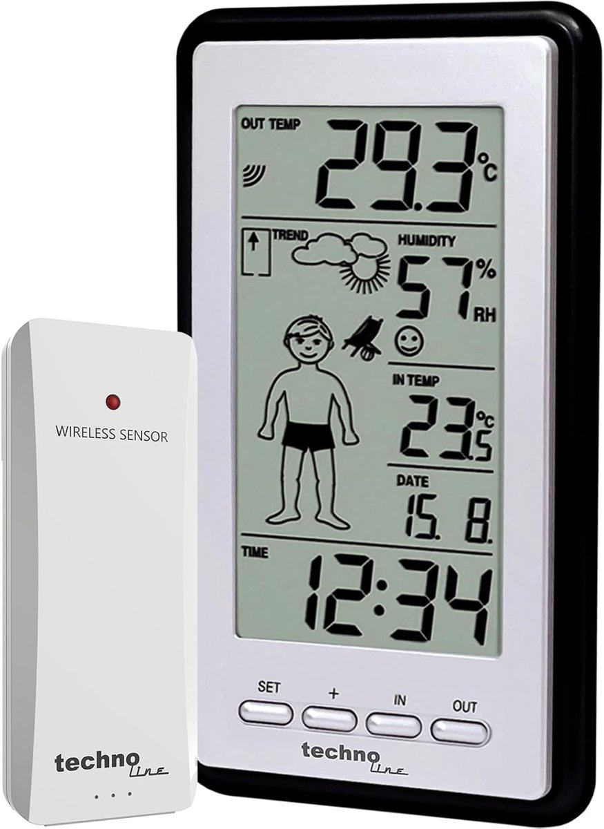 SnelShoppen - Techno Line Wetterstation WS 9632-IT met Weervoorspelling, Temperatuurweergave, Vochtigheid, en Weermannetje in Kleding voor Binnen en B
