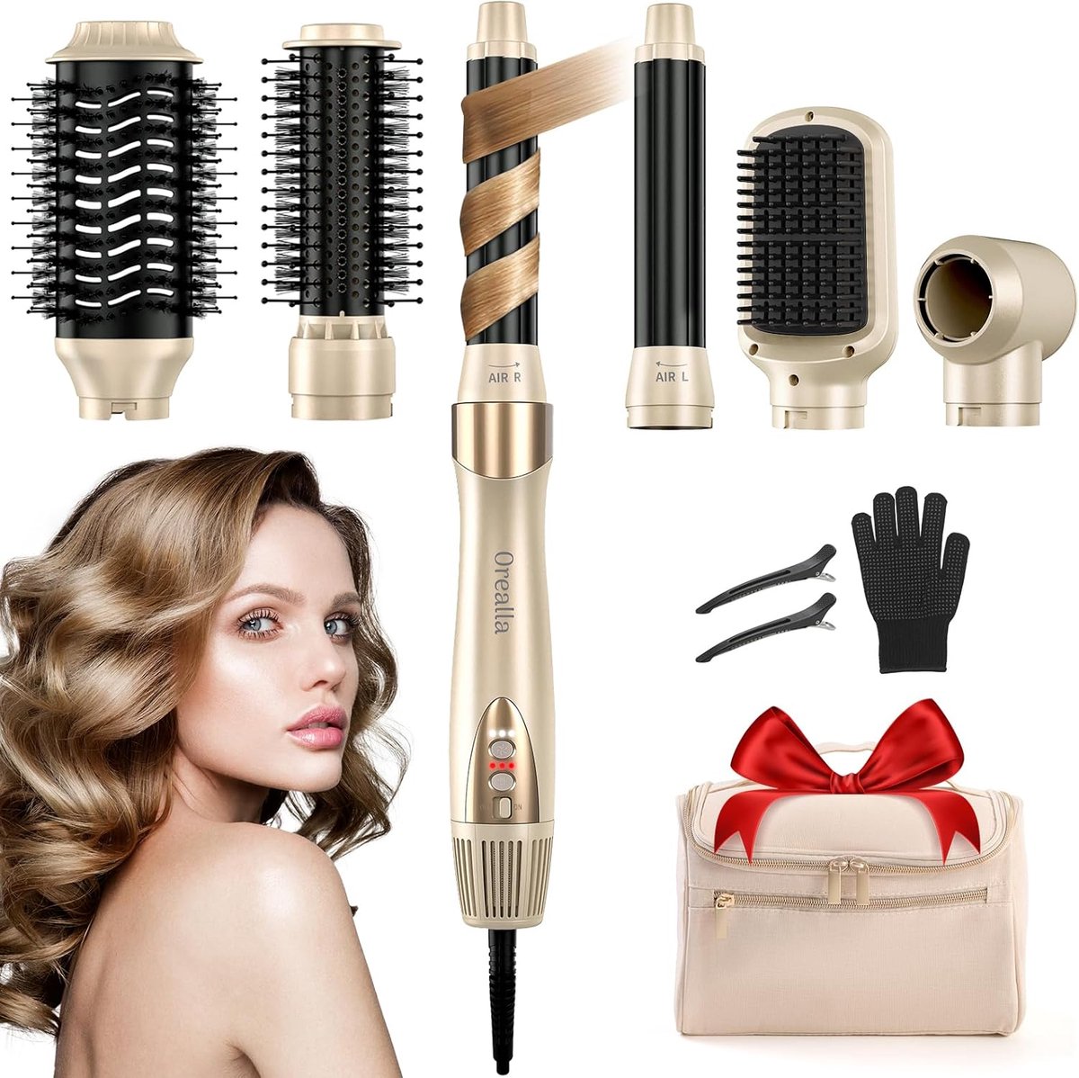 Thijox - Luchtborstel 6-in-1 Air Styler 11.000 omw/min Keramiek Gecoat Haardroger met Ionentechnologie en Reistas voor Golvend en Volume Haar