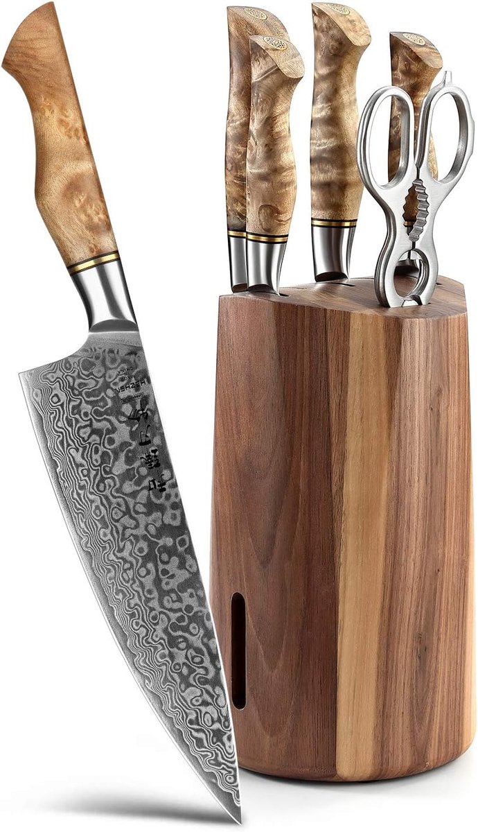 SnelShoppen - Keukenmessenset met Blok - Damascus Santoku Brood en Fruit Mes - Roestvrijstalen Keukenschaar - Walnoot Messenhouder - Professionele Koo