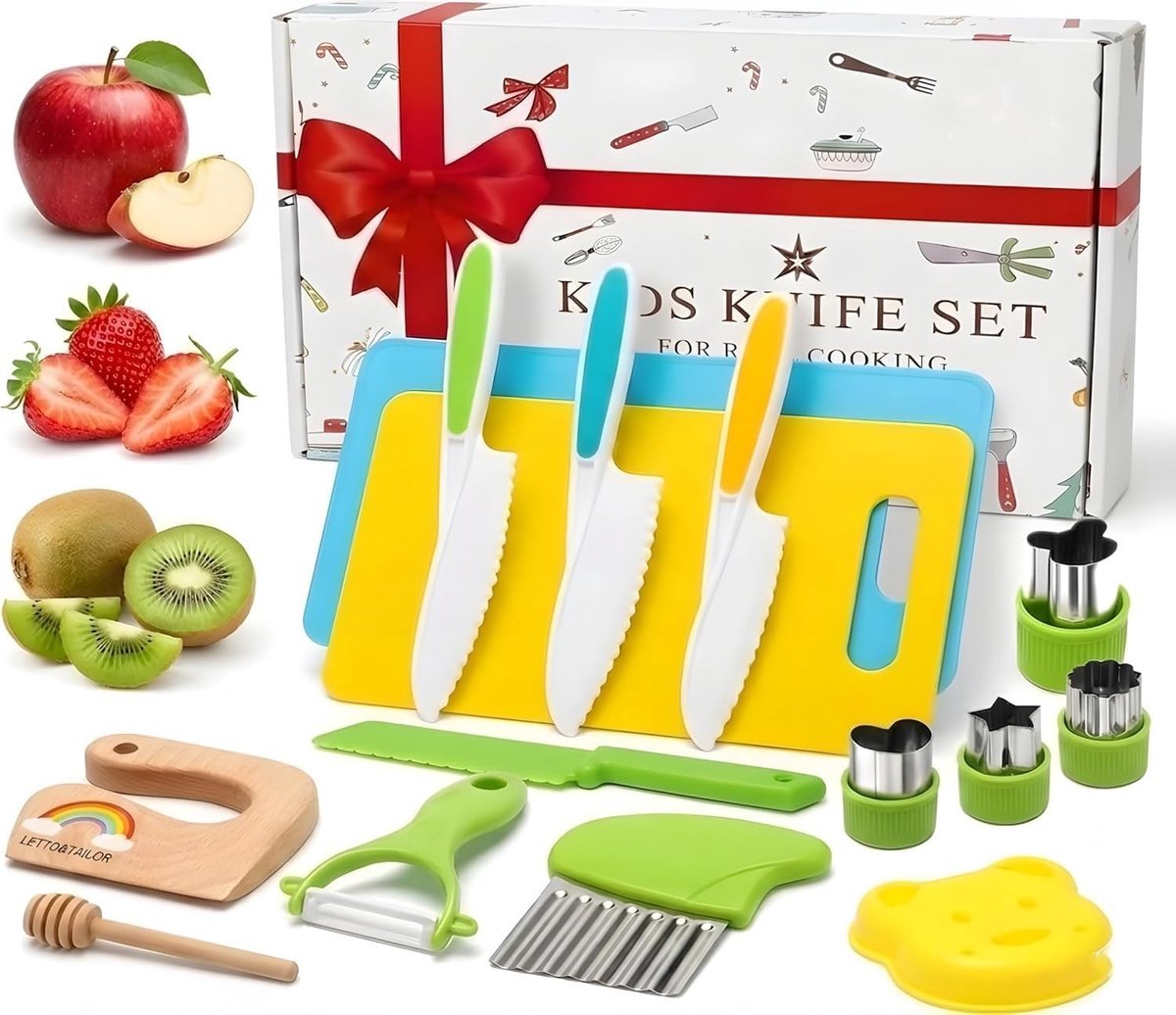 SnelShoppen - Kindermessenset 16 Stuks voor Keuken, Veiligheid, Groentesnijder, Houten Mes, Snijplank, Koken met Kinderen, Kookplezier, Cadeau voor Ko