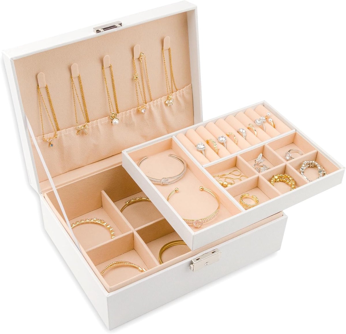 Sieradenbox met 2 Lagen, PU Leren Sieraden Organizer met Slot en Verwijderbare Tray, Perfect voor Ringen, Oorbellen, Kettingen en Armbanden, Ideaal voor Vrouwen